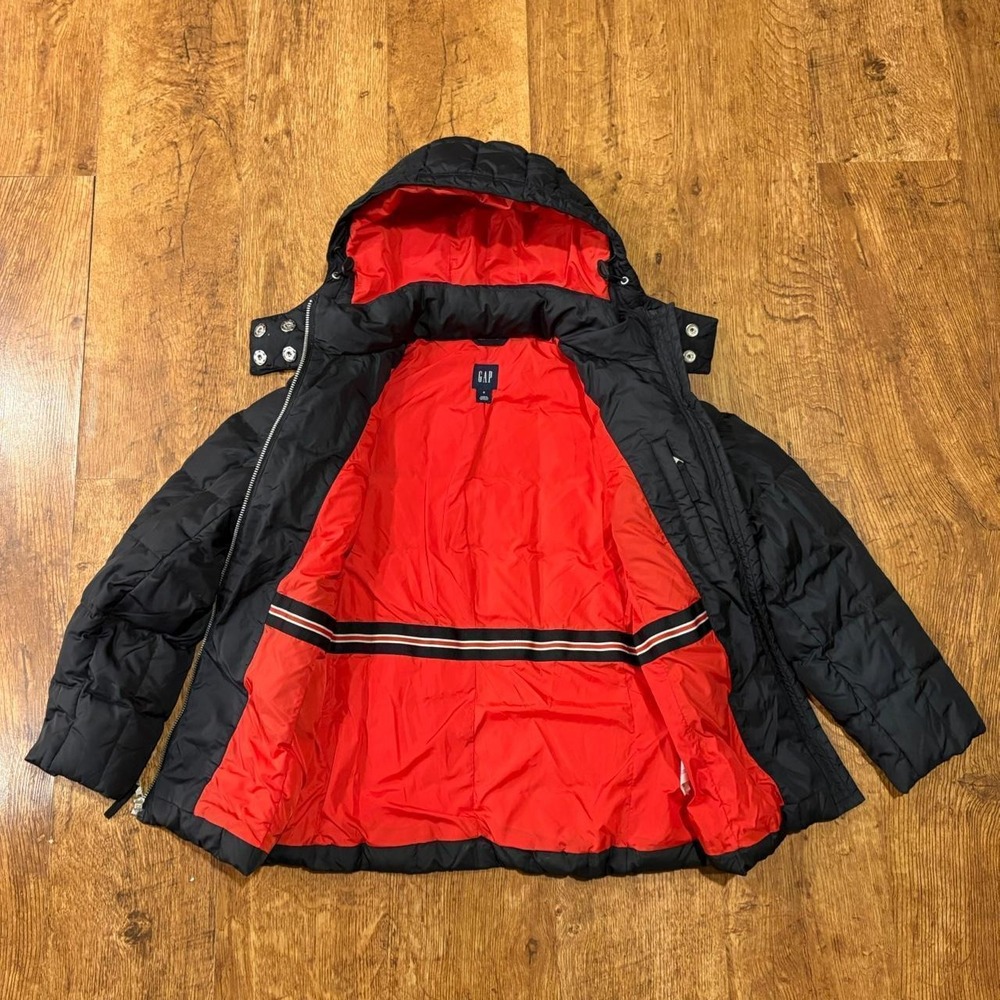 Gap Womens Puffer Jacket Black Red Lining Down Filled Hooded Winter Coat Small